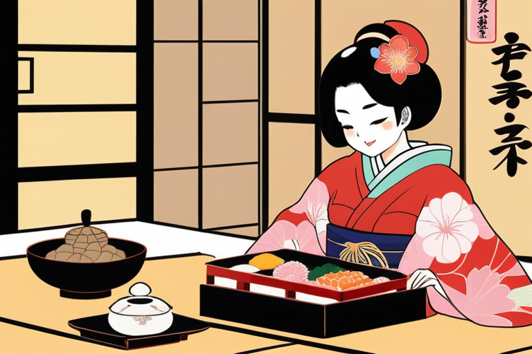 A diverse set of traditional Japanese osechi dishes arranged beautifully in a multi-tiered lacquer box, with a family of four (parents and two children) smiling in the background, implying satisfaction and celebration.