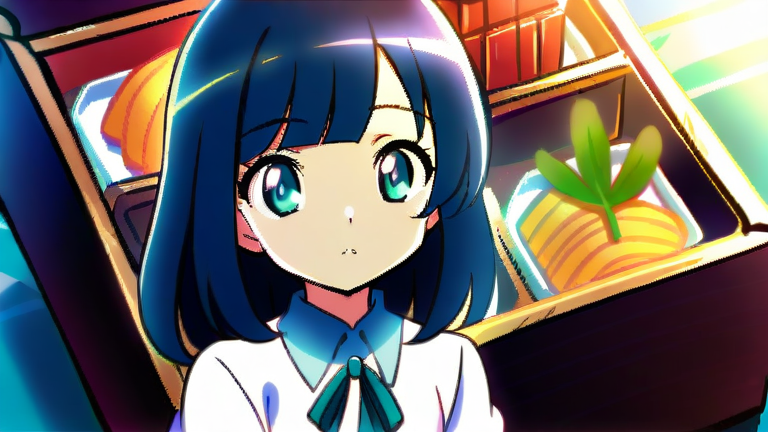 cute anime girl holding a magnifying glass, looking curious and focused, surrounded by small osechi dishes