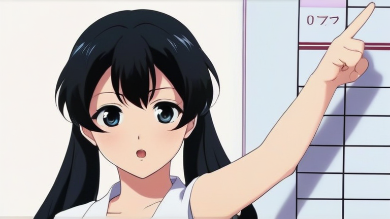 cute anime girl pointing at a detailed comparison chart, with a serious and focused expression