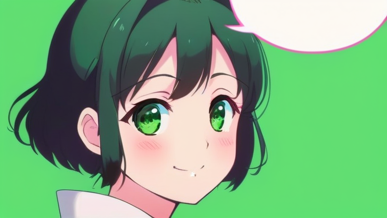 cute anime girl smiling brightly, holding a thought bubble with a green earth icon, encouraging gesture for future contribution