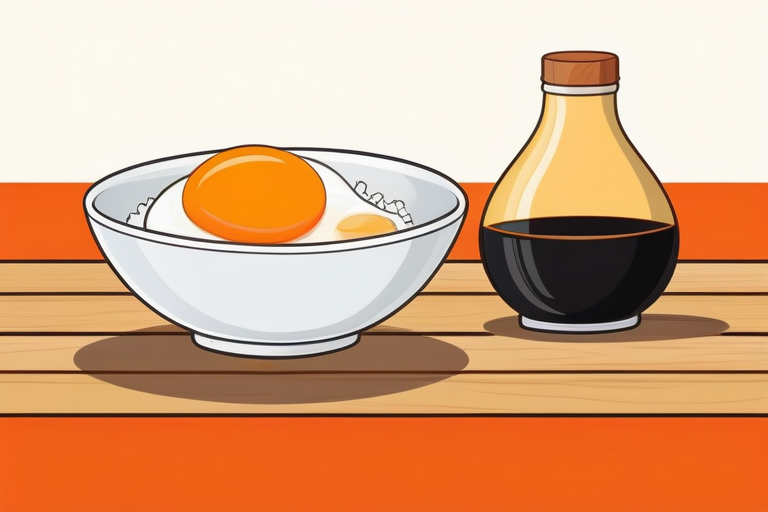 A beautifully composed shot of a perfectly made TKG (Tamago Kake Gohan) with a vibrant orange yolk, accompanied by a small bottle of artisanal soy sauce and a fresh egg in its shell on a rustic wooden table. The lighting is soft and inviting, highlighting the textures of the rice and the glossiness of the egg.