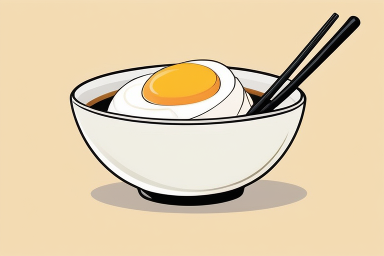 A close-up shot of a person gently mixing a TKG (Tamago Kake Gohan) with chopsticks, showing the creamy texture of the egg and soy sauce coating the rice. The bowl is ceramic and the setting is clean and minimalist, emphasizing the simplicity and elegance of the dish.