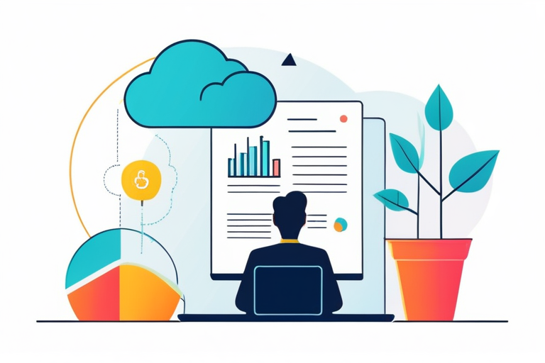 A person happily creating content on their computer, with a thought bubble showing a simplified financial report, indicating that AI has taken care of the complex accounting tasks.