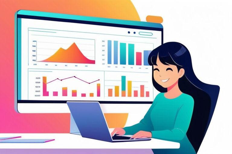 A person happily managing their finances on a laptop, with graphs and charts in the background, symbolizing automated accounting.