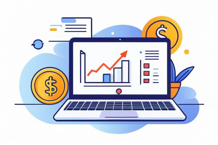 A person happily reviewing financial data on a laptop, with various icons representing different income sources (blog, craft, writing) floating around.