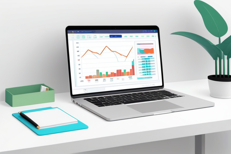 A sleek, modern Mac setup with an open laptop displaying a financial dashboard, surrounded by a minimalist workspace. The user is a focused freelancer, suggesting efficiency and productivity.