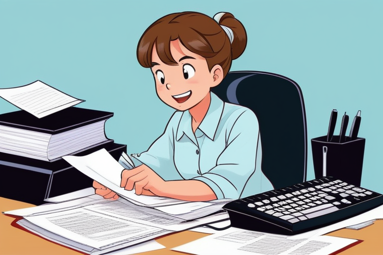 A person struggling with an old computer to file taxes, surrounded by paper documents, in a slightly frustrated but determined manner.