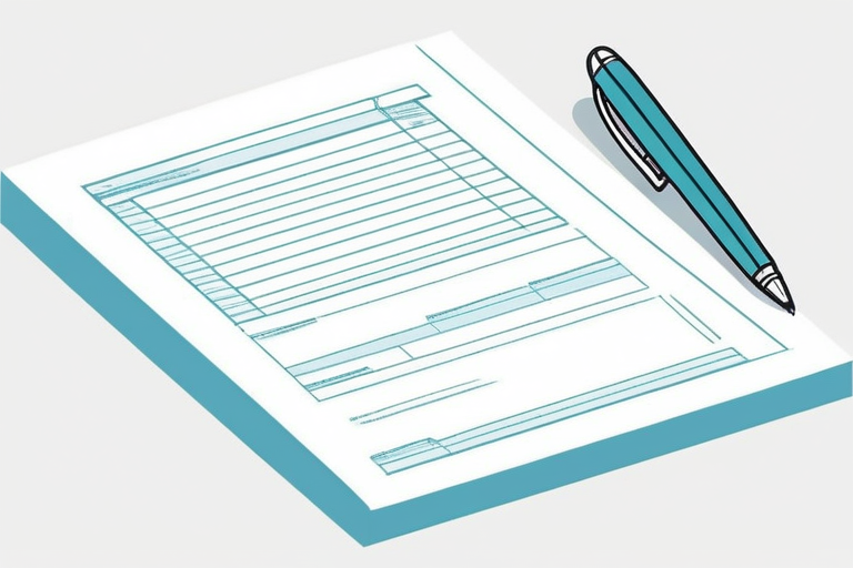 A stack of printed tax forms and an envelope on a desk, ready for mailing, with a pen nearby.