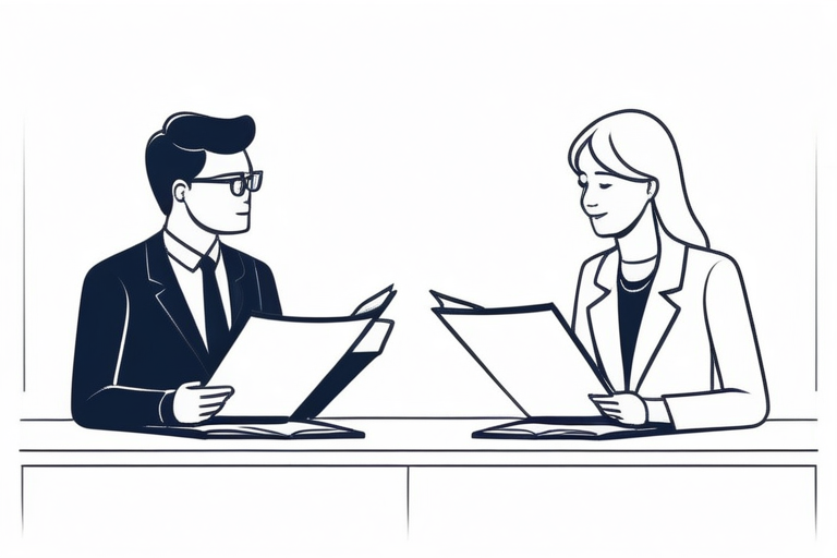 A successful 40s job changer actively interacting with a career advisor, holding a neatly organized file, contrasted with an unsuccessful one passively listening to the advisor with a blank expression.