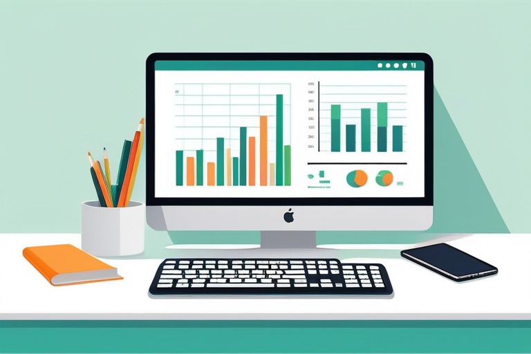 A sleek, modern Mac setup with a spreadsheet and financial charts displayed on the screen, surrounded by a minimalist workspace. The user is focused on the screen, representing efficient financial management.