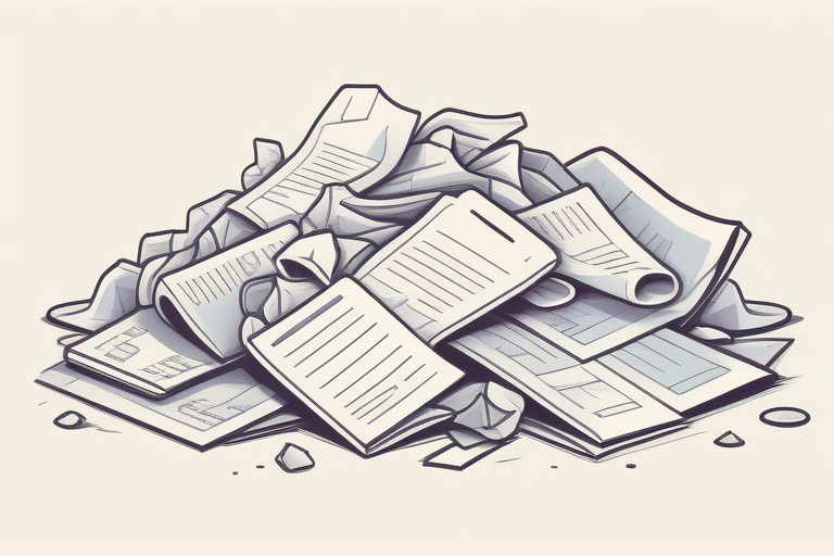 A chaotic pile of crumpled, stained, and faded receipts under poor lighting, with a smartphone camera icon hovering over them, symbolizing common OCR recognition problems.