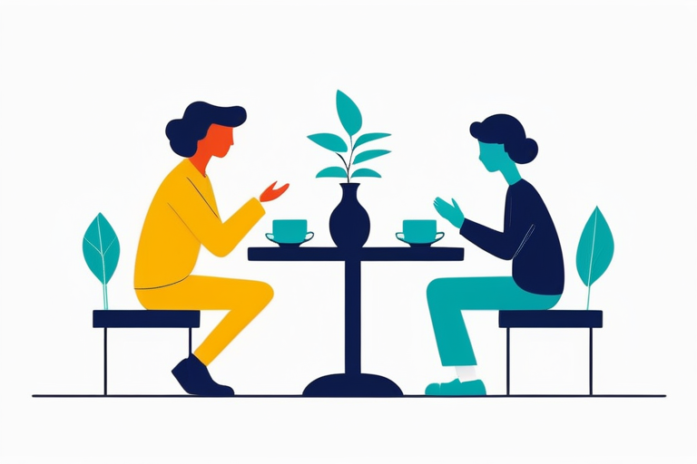 Two people sitting at a table, engaged in a serious yet respectful conversation, symbolizing open and honest communication. / テーブルに座り、真剣ながらも敬意を持った会話を交わす二人。率直で誠実なコミュニケーションを象徴するイメージ。