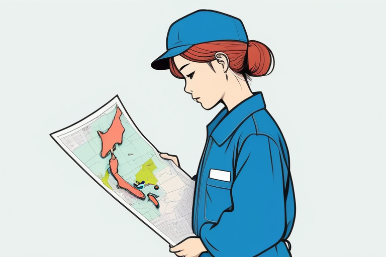 A 30s manufacturing worker looking distressed while holding a map of Japan, with a blurry background of both urban and rural landscapes. The image should convey the anxiety and challenges of U-turn転職.