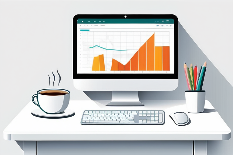 A clean, modern desk setup with a laptop displaying an organized accounting software interface, a cup of coffee, and a small VTuber figurine. The overall impression is calm and efficient.