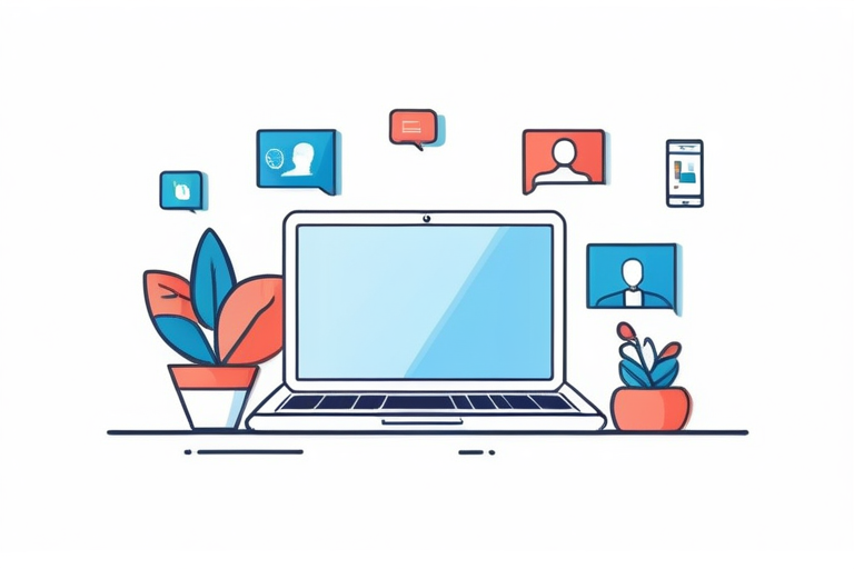 A professional business person looking at a laptop screen with various social media icons, while another person (candidate) is looking on with a worried expression. The overall mood is serious and analytical.