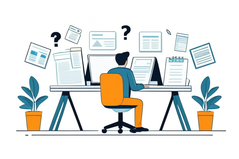 A person sitting at a desk, looking frustrated at a computer screen displaying tax forms, with question marks floating around their head. The setting is a home office.