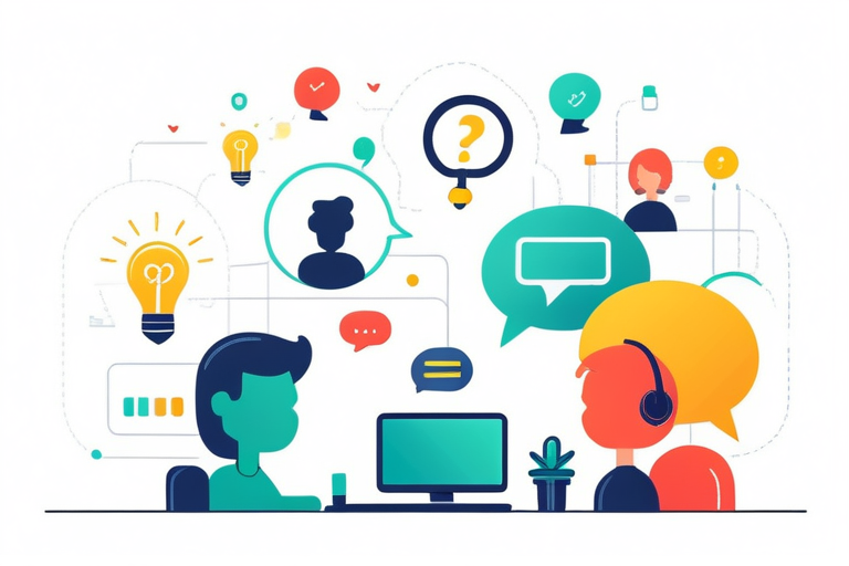 A diverse group of people engaging in an online forum on a computer screen, with chat bubbles and helpful icons. The atmosphere is collaborative and supportive, suggesting problem-solving.