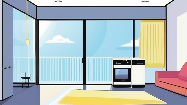 A cheerful anime girl in a bright, minimalist room, surrounded by new, neatly arranged appliances like a small fridge and washing machine, smiling with a sense of accomplishment and excitement for her new life.