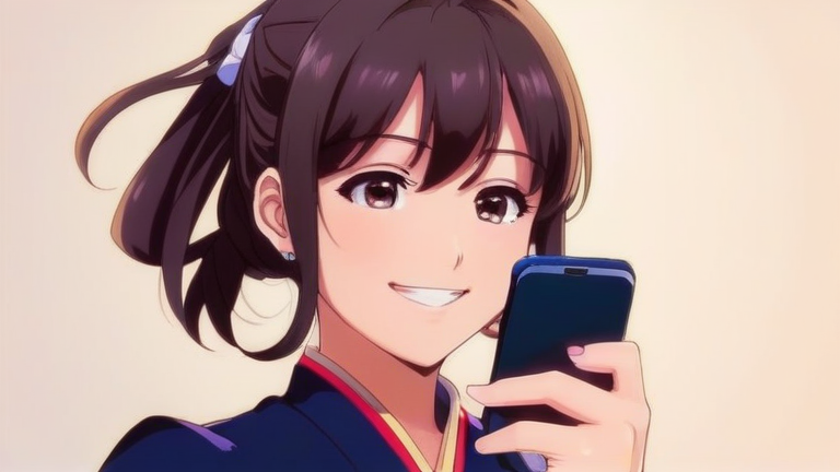 cute anime girl holding a smartphone, happy smile, pointing finger