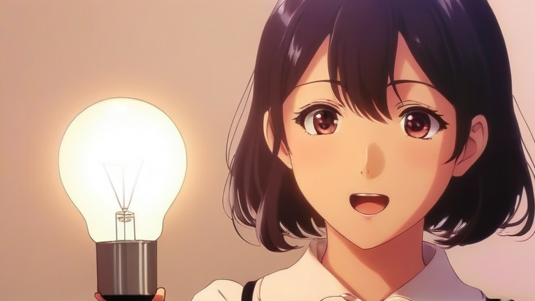 cute anime girl showing a "lightbulb" idea, excited expression
