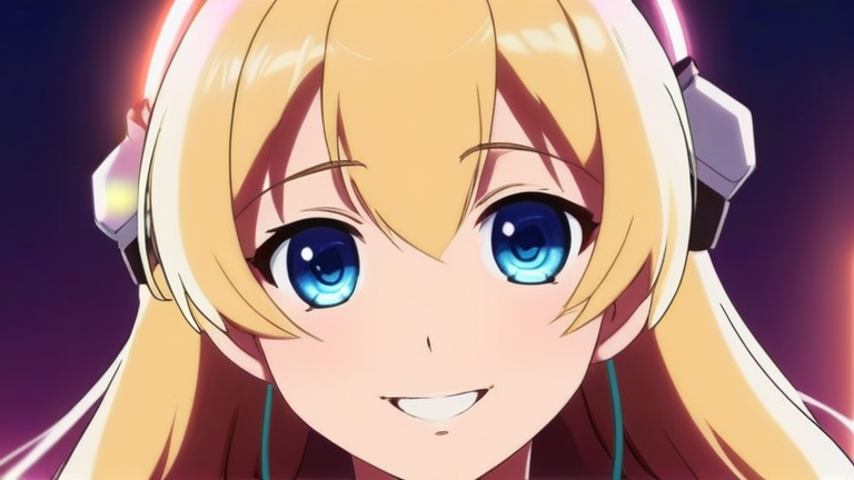 cute anime girl smiling brightly, holding a glowing internet cable