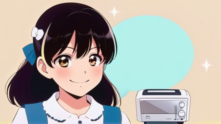 A cheerful female student character is smiling brightly, holding a small appliance catalog, with a thought bubble showing various home appliances.
