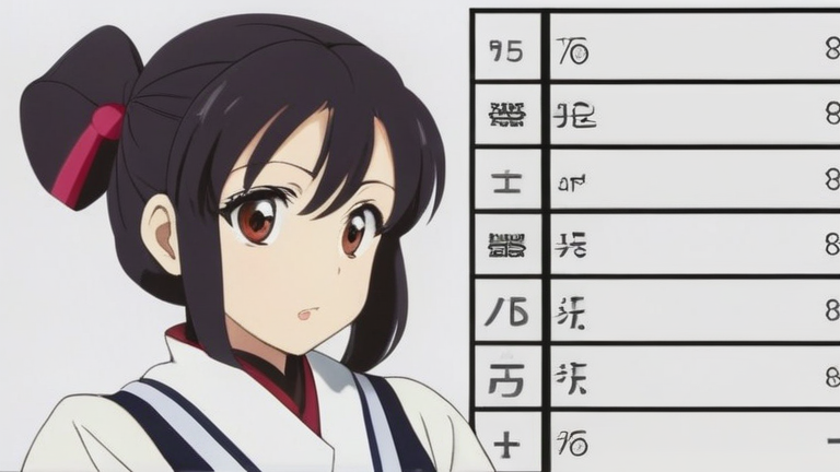 A thoughtful and determined female student character is looking at a comparison chart of appliances, making a decision with a confident expression.