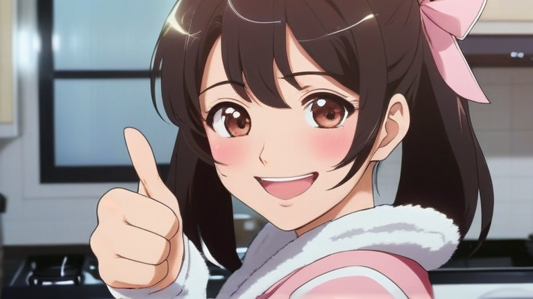 A cheerful female student character is giving a thumbs-up with a big smile, surrounded by sparkling new home appliances, radiating confidence and excitement for a new life.