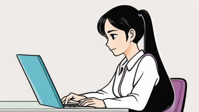 A young woman with a thoughtful expression, sitting at a desk with a laptop, looking slightly overwhelmed but determined.