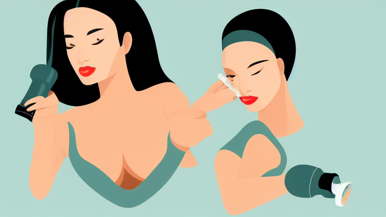A woman applying JOOMO depilatory cream on her underarms with a spray bottle, showing the even application and the smooth skin after use