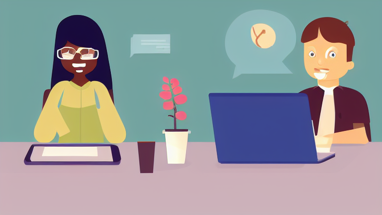 A person discussing job hunting on a laptop with a care worker theme in the background