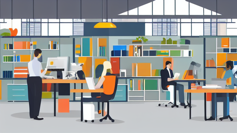 A corporate office with employees working on used PCs, showing cost-effective and environmentally friendly solutions